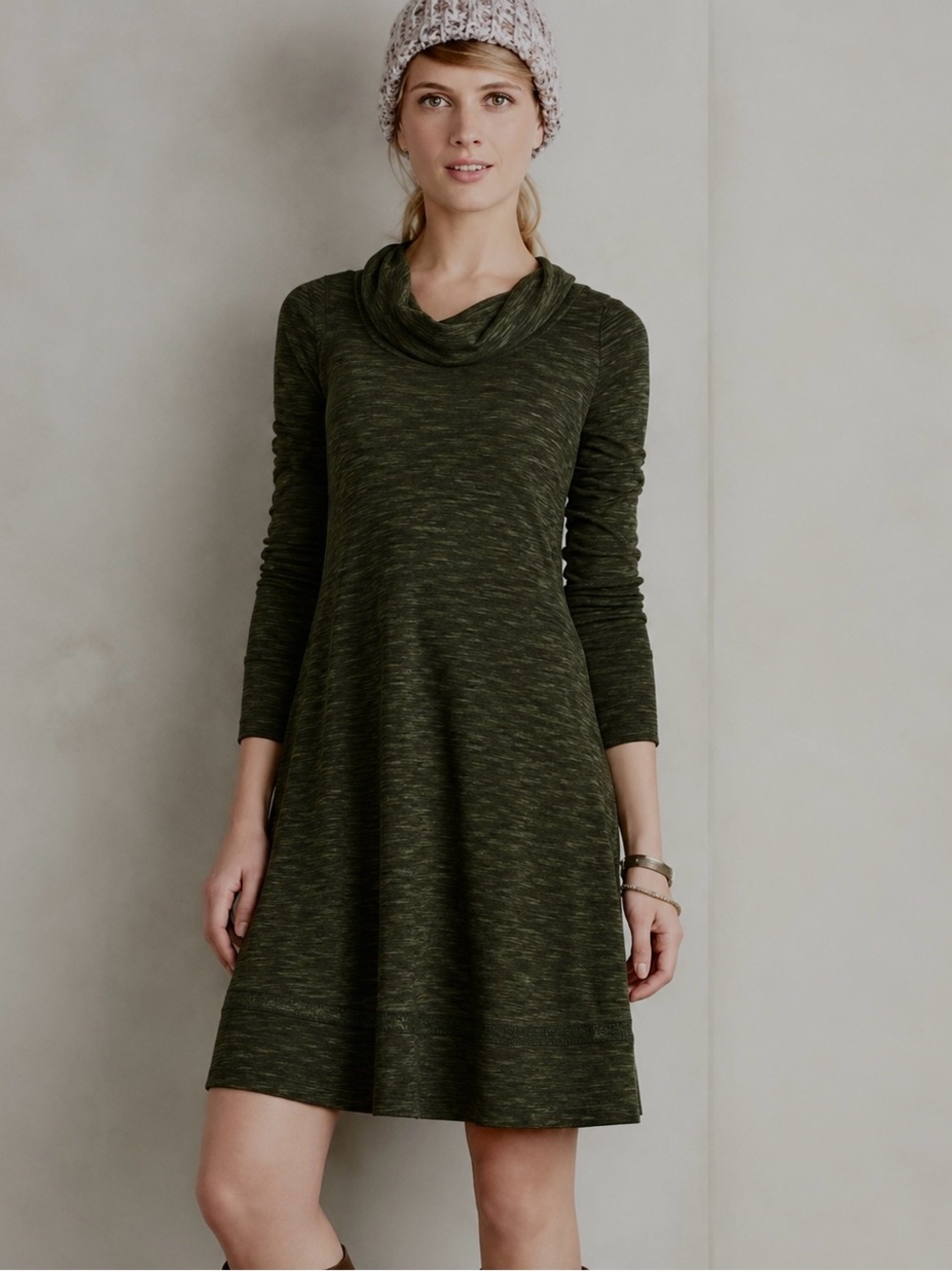 Anthropolgie Saturday Sunday Green CowlNeck Swing Dress Boho Crochet Size Medium
